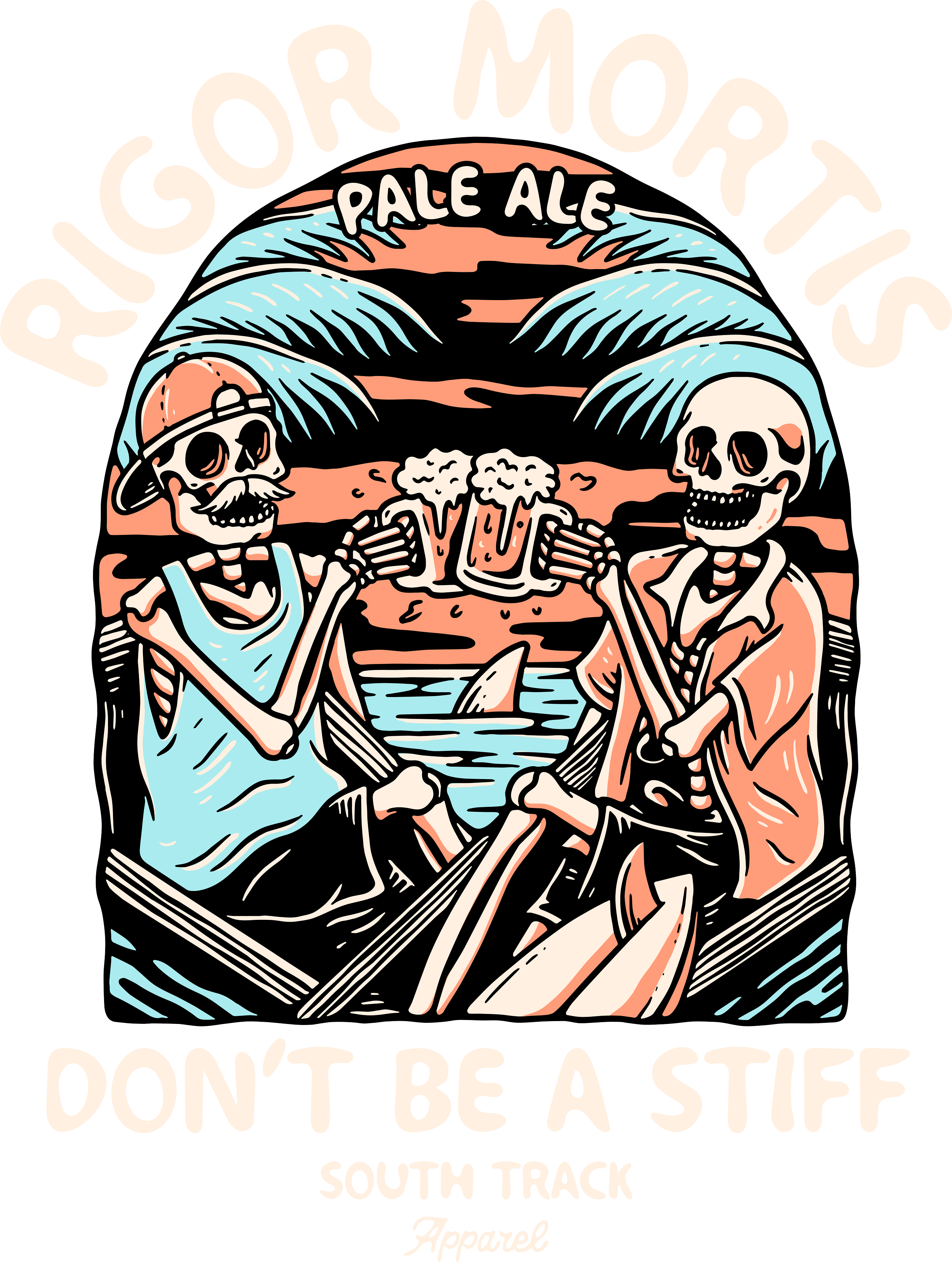 AI-generated Rigor Mortis design with two skeletons, tropical scenery, and pale outer lettering